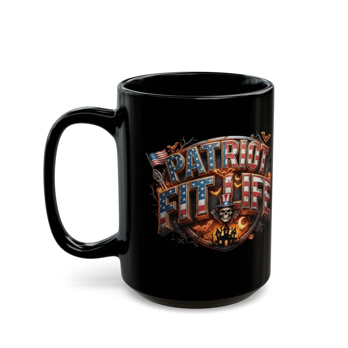 Patriot Fit Life Halloween Coffee Mug - Skull Crest Haunted Flag Graphic | Gothic Edition | 11oz & 15oz