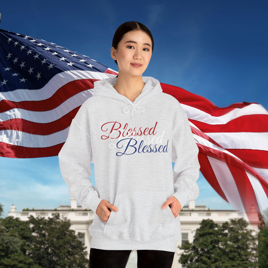 Blessed Hoodie – Patriotic Red, White & Blue Unisex Pullover Sweatshirt with Front & Back Print – Cozy, Positive Vibes Gift