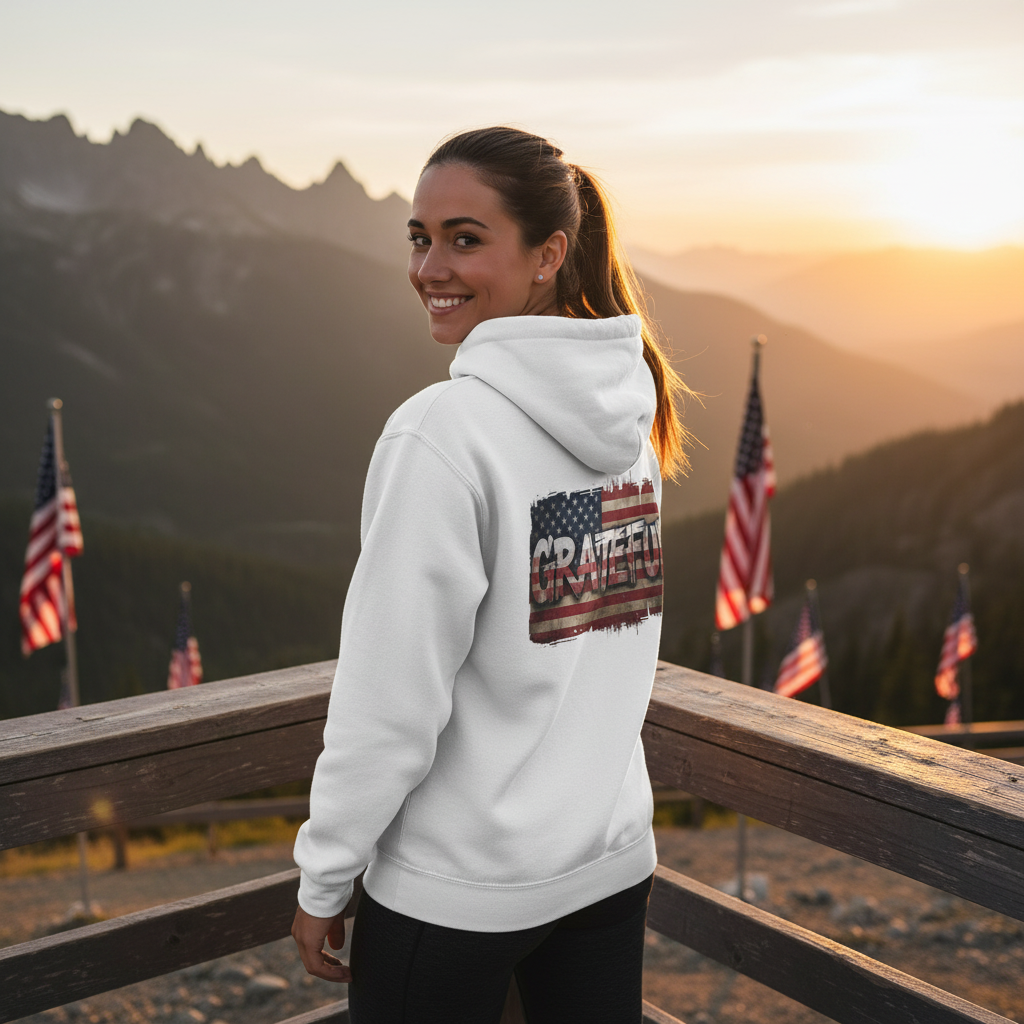 Champion Hoodie - Grateful Vintage American Flag Design - Red White Blue Backdrop - S - 3XL