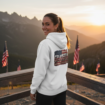 Champion Hoodie - Grateful Vintage American Flag Design - Red White Blue Backdrop - S - 3XL