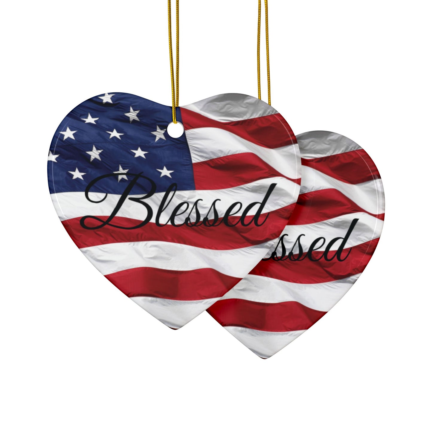 Ceramic Ornaments - Patriotic - Blessed Print - American Flag Backdrop - Red White & Blue