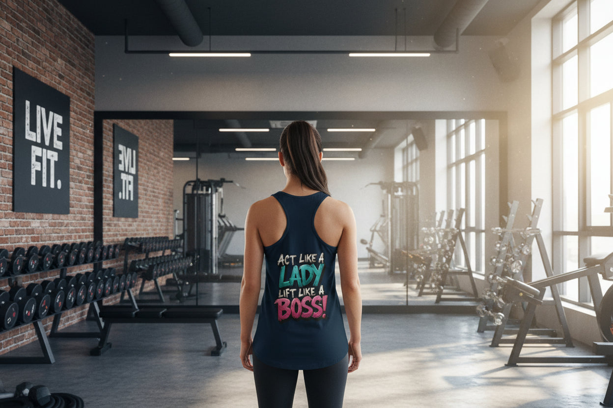 Navy-colored tank top with the colorful text 'Act Like a Lady, Lift Like a Boss!' 