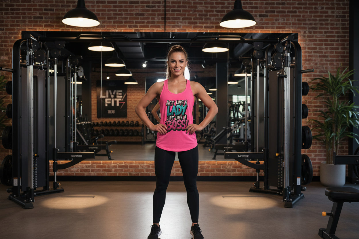 Pink tank top with text 'Act Like a Lady, Act Like a Boss!'