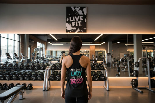 Woman in a gym wearing a tank top that says Act Like A Lady Lift Like A Boss! with the text 'LIVE FIT' on the poster on the wall.
