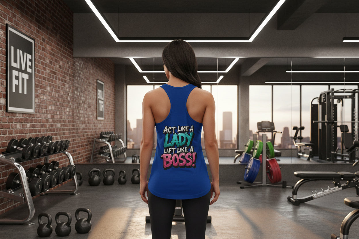 Blue tank top with colorful text 'Act Like a Lady, Lift Like a Boss!' 