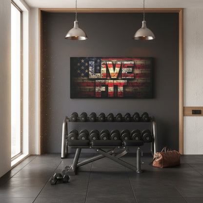 American Pride Canvas Wall Art - Live Fit Decor -  Fitness Motivation - Patriotic Gift - USA Flag Artwork - Red White Blue -