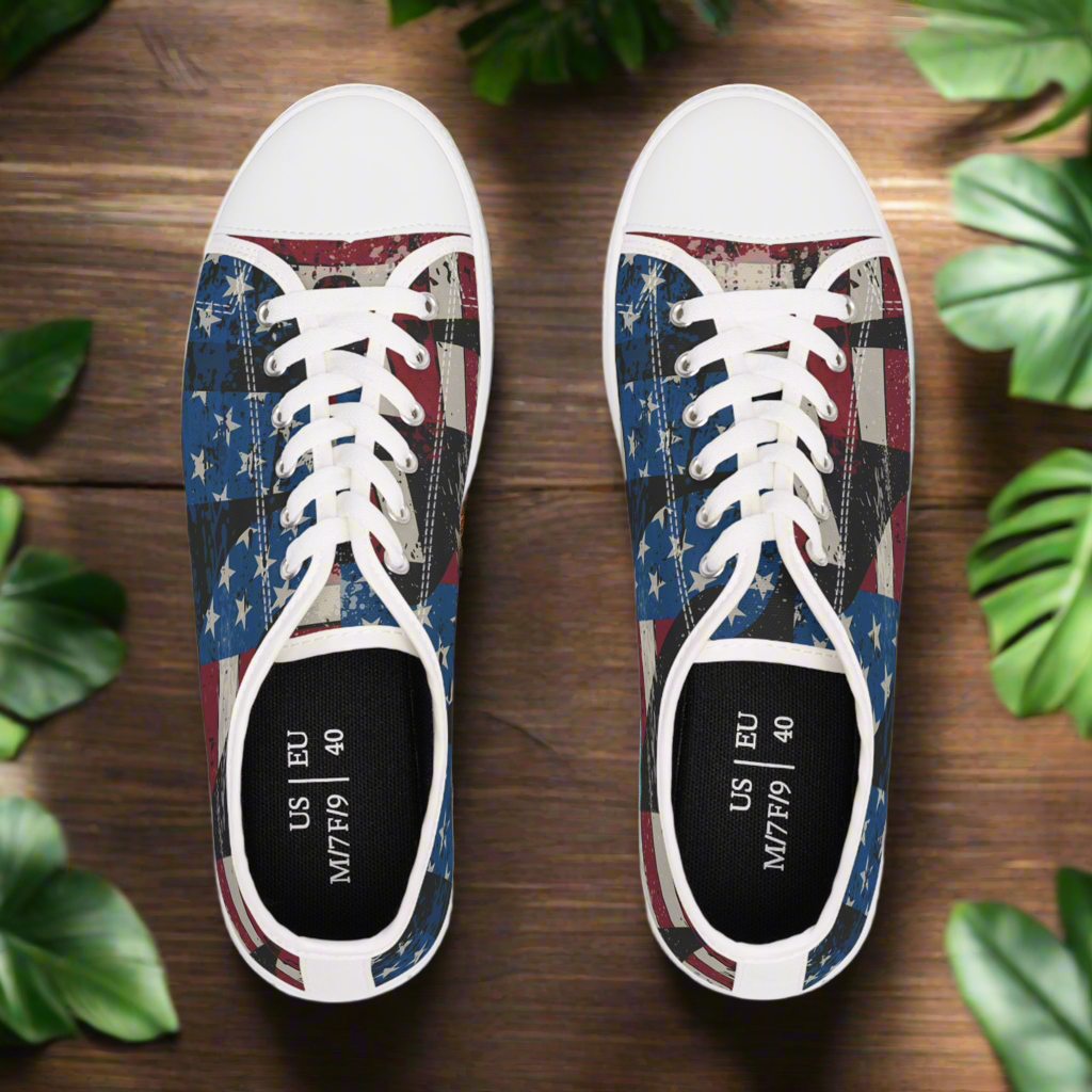 Eye-Catching - All Over Print - USA - Red White & Blue - Low Top Sneakers - Choice of White Sole - or Black Sole