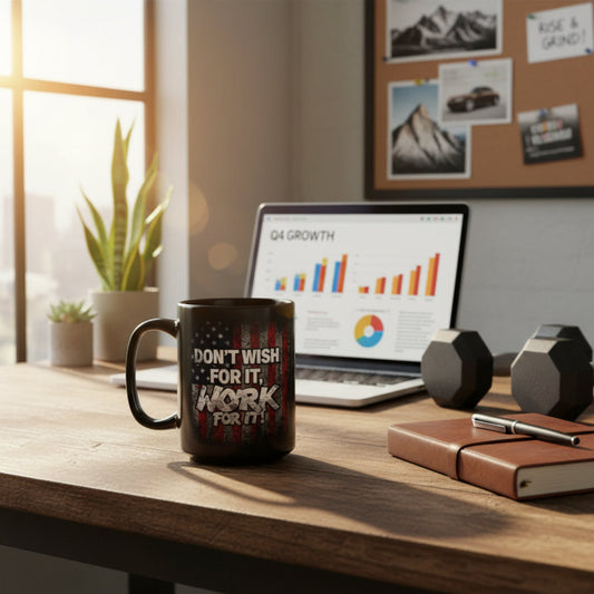 Black Ceramic Mug - Don't Wish For It Work For It! - Vintage American Flag Background (11oz-15oz)