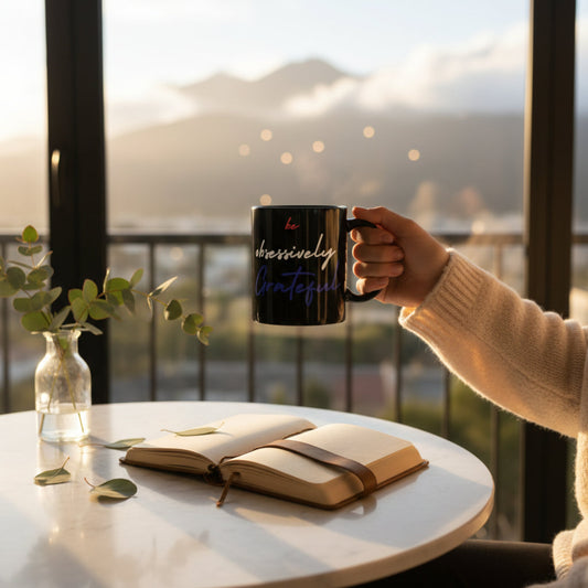 Black Ceramic Mug - Red White Blue Be Obsessively Grateful Print Design - 11oz  15oz
