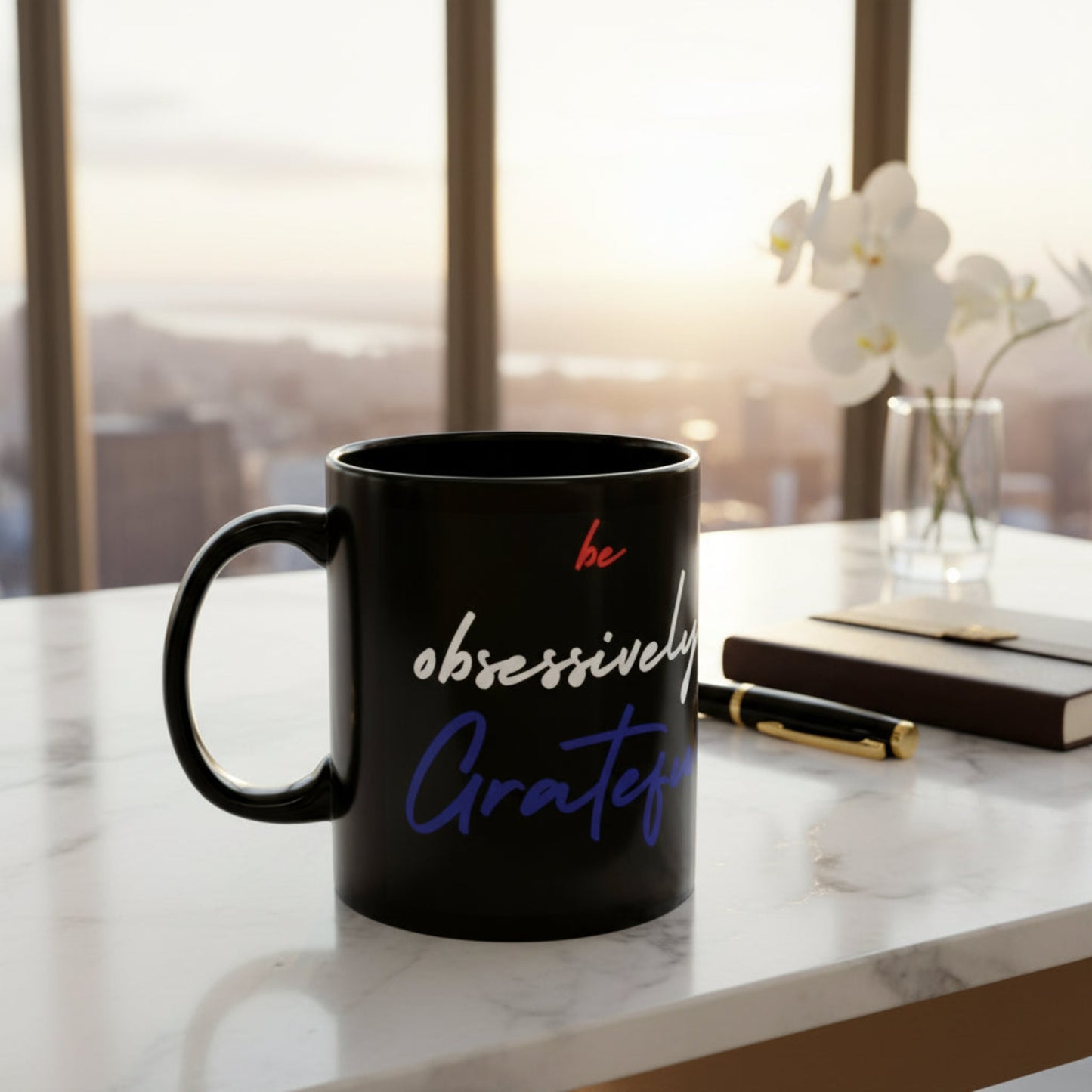 Black Ceramic Mug - Red White Blue Be Obsessively Grateful Print Design - 11oz  15oz