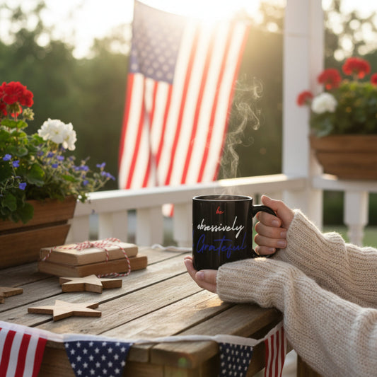 Black Ceramic Mug - Red White Blue Be Obsessively Grateful Print Design - 11oz  15oz