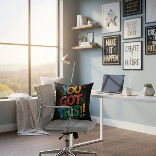 Decorative pillow with motivational quote You Got This!! on a chair in a home office setting