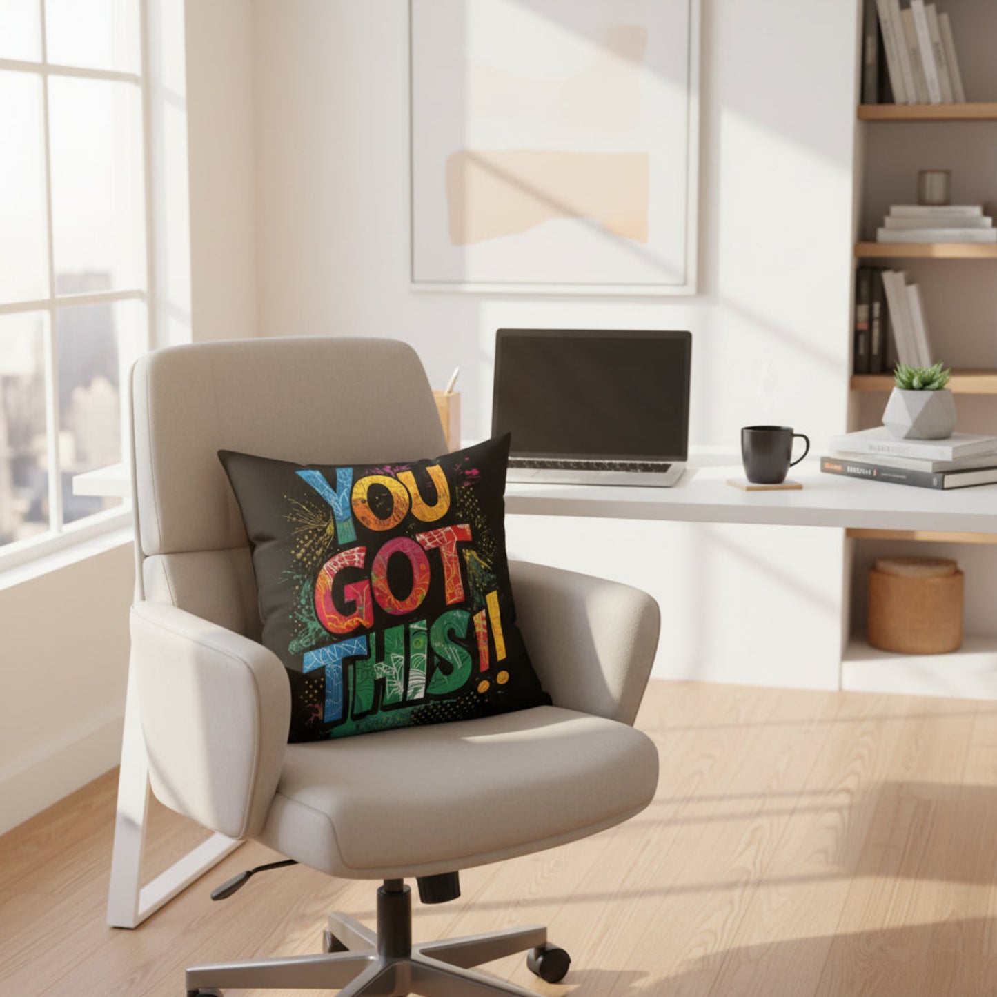 Decorative pillow with 'YOU GOT THIS!' text on a chair in an office setting