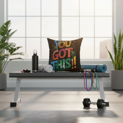 Home gym setup with motivational pillow, water bottle, and dumbbells.