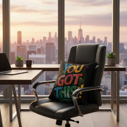 Modern office chair with motivational pillow You Got This!! in a cityscape setting