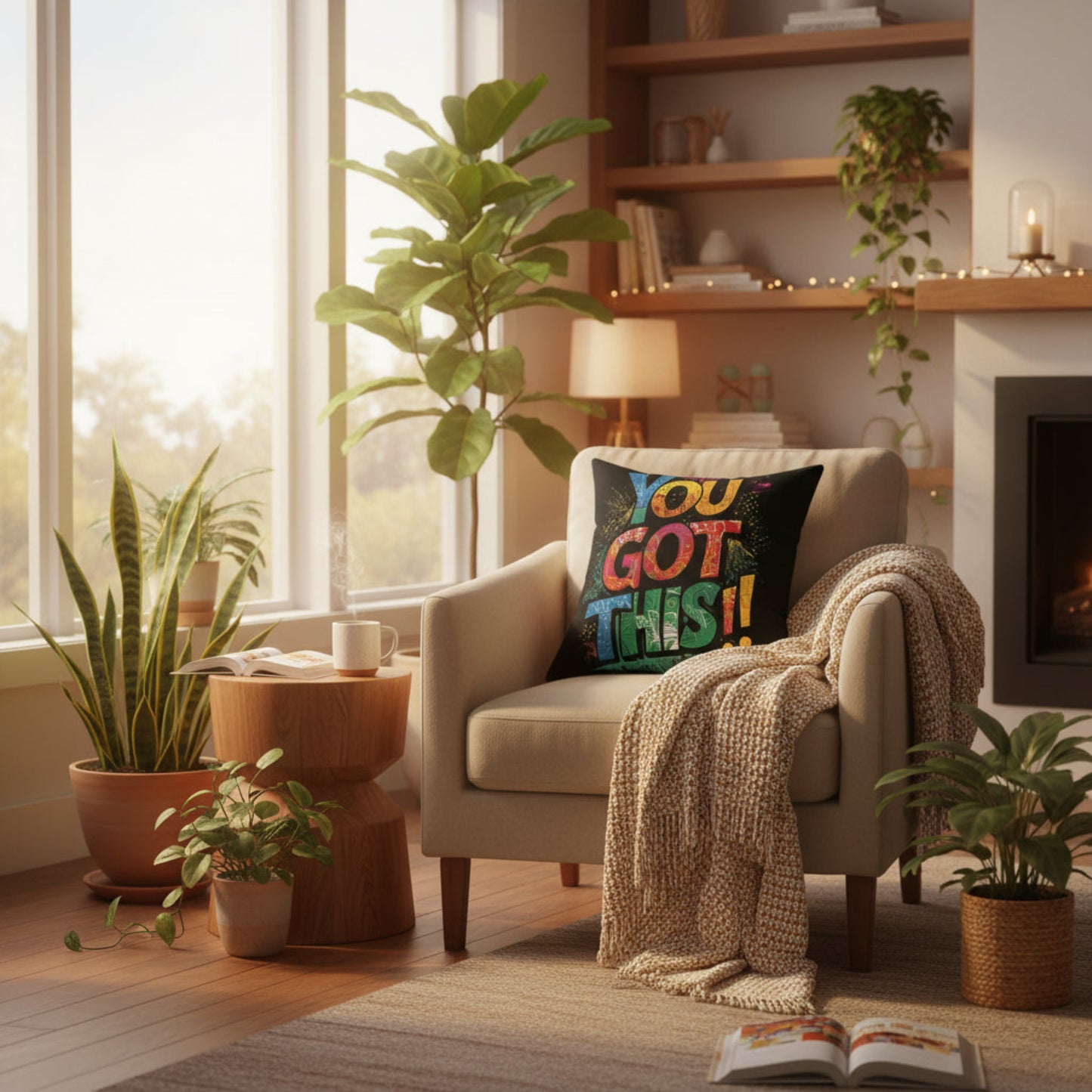 Cozy living room with a chair, plants, and a colorful pillow.