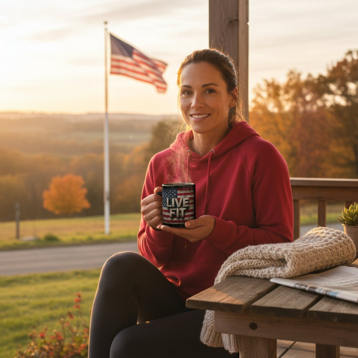 Black Mug - Patriotic Ceramic Coffee Mug - LIVE FIT - Vintage American Flag Backdrop Design - Red White Blue - 11oz or 15oz
