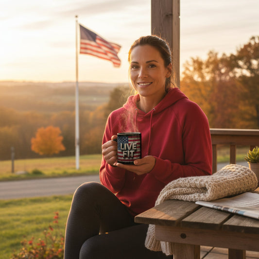 Black Mug - Patriotic Ceramic Coffee Mug - LIVE FIT - Vintage American Flag Backdrop Design - Red White Blue - 11oz or 15oz