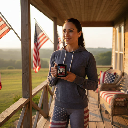 Black Mug - Patriotic Ceramic Coffee Mug - LIVE FIT - Vintage American Flag Backdrop Design - Red White Blue - 11oz or 15oz