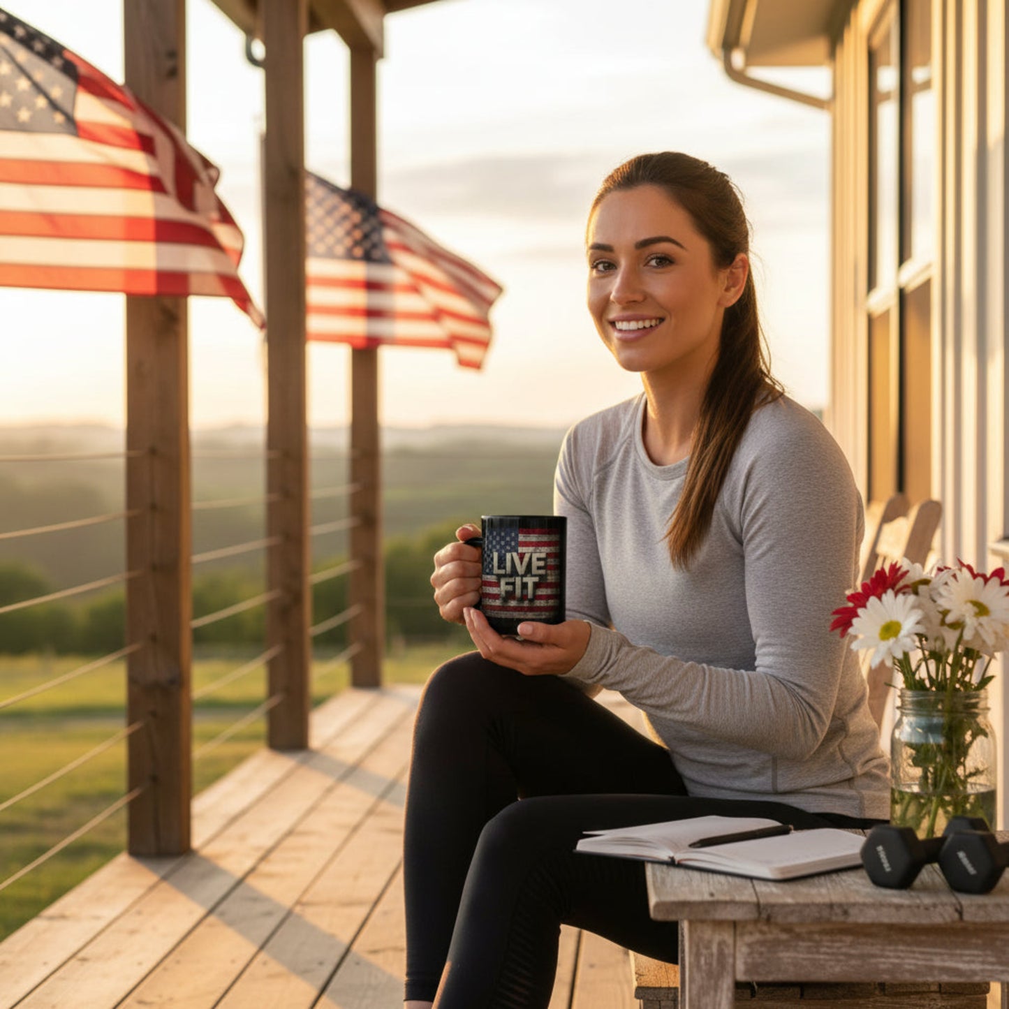 Black Mug - Patriotic Ceramic Coffee Mug - LIVE FIT - Vintage American Flag Backdrop Design - Red White Blue - 11oz or 15oz