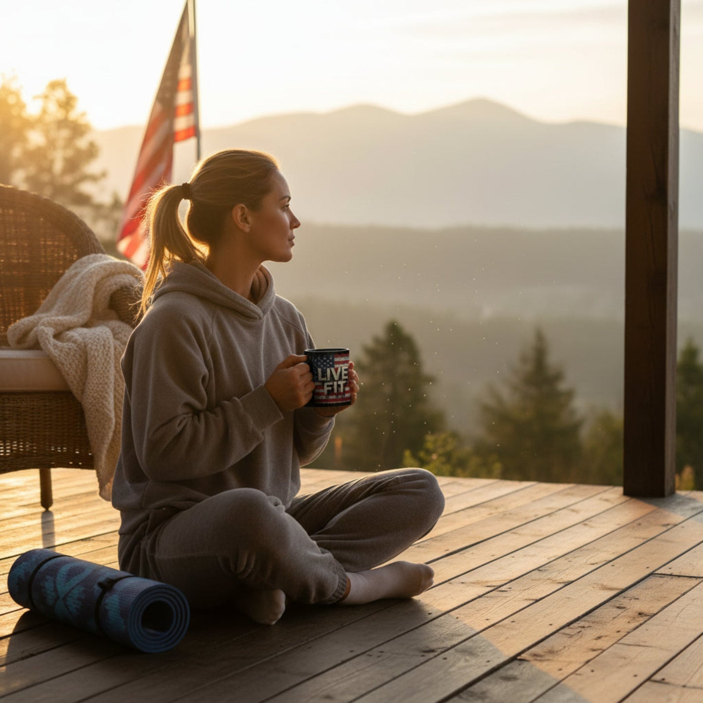 Black Mug - Patriotic Ceramic Coffee Mug - LIVE FIT - Vintage American Flag Backdrop Design - Red White Blue - 11oz or 15oz