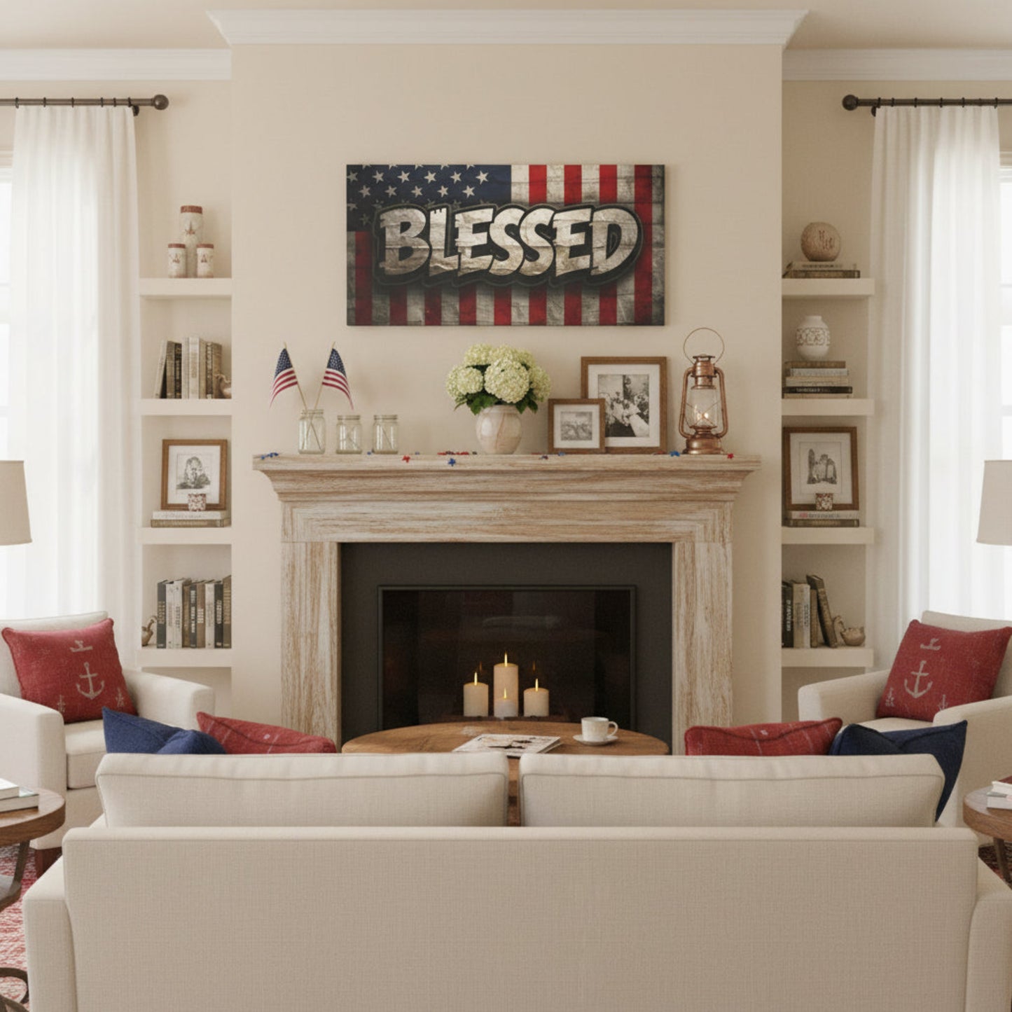 Living room with a fireplace, 'Blessed' sign, and decorative pillows.