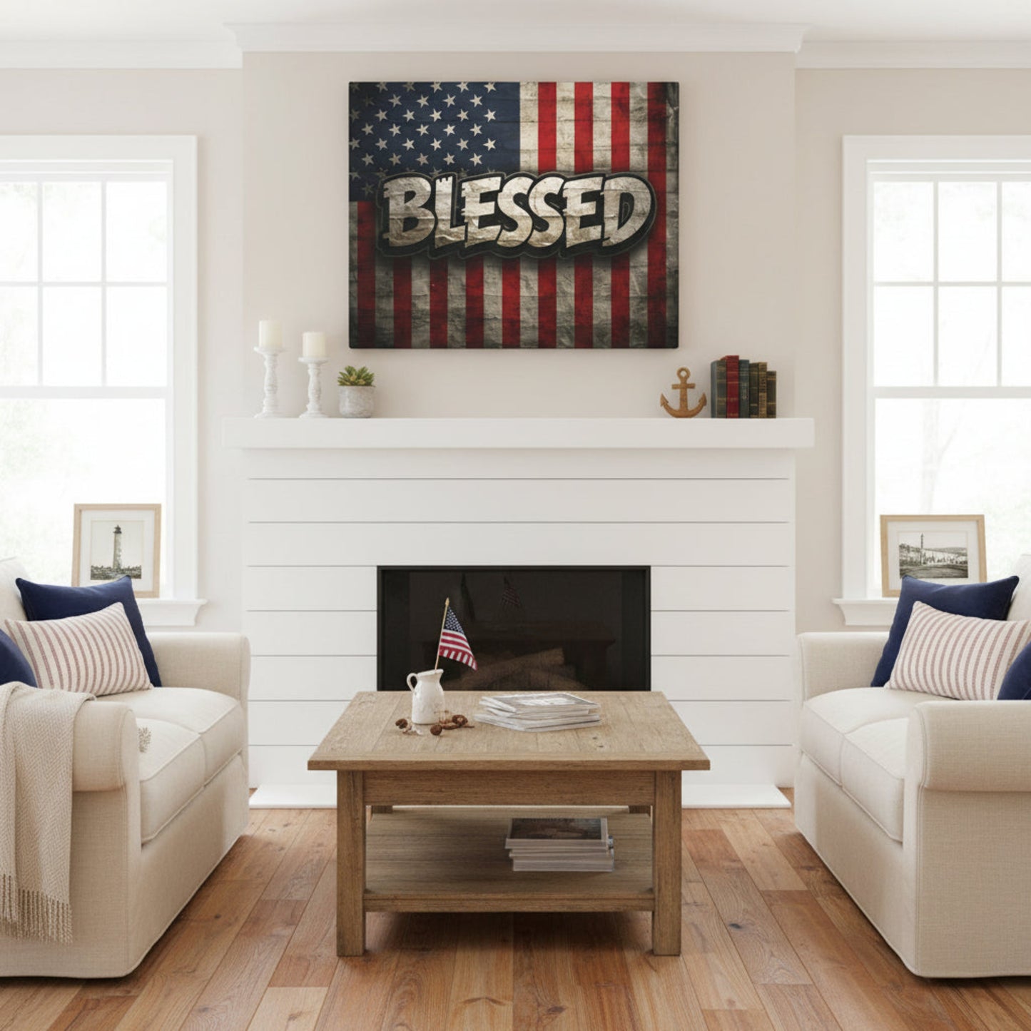 Living room with 'Blessed' American flag artwork above a fireplace.