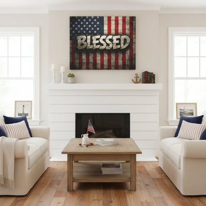 Living room with 'Blessed' American flag artwork above a fireplace.