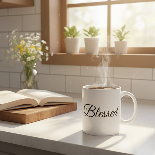 Blessed Black Print White Ceramic Mug | Inspirational Coffee Cup | Gift for Friends, Family | Home Decor, Kitchenware, Motivational Drinkware