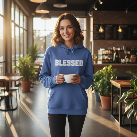 Blessed Hoodie — Cozy French Terry Pullover - with - White - Bold Front & Back Text - Holiday Gift - Fitness