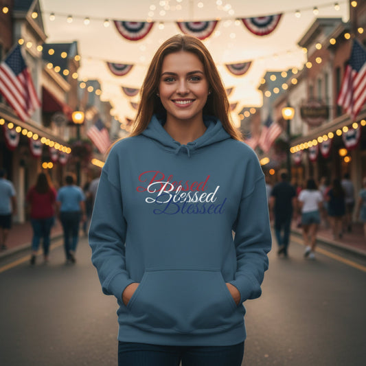 Woman wearing a blue hoodie with 'Blessed' text in a theme park setting