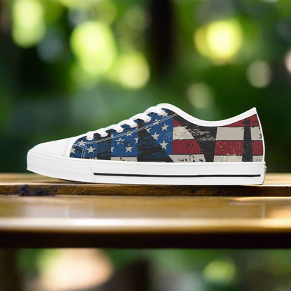 Eye-Catching - All Over Print - USA - Red White & Blue - Low Top Sneakers - Choice of White Sole - or Black Sole