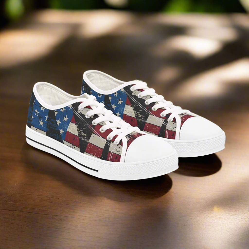Eye-Catching - All Over Print - USA - Red White & Blue - Low Top Sneakers - Choice of White Sole - or Black Sole