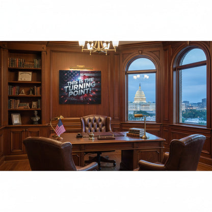 Luxury office with wooden furniture, bookshelf, and view of the Capitol building.