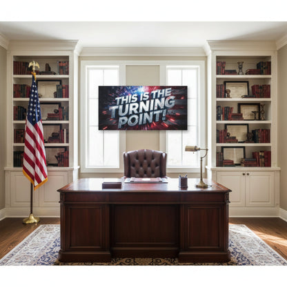 Office with wooden desk, bookshelves, and a large screen displaying 'This is the Turning Point'.