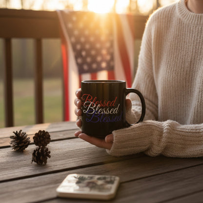 Ceramic Black Mug -  11oz - 15oz - Blessed Red White & Blue Print - American Flag Colors - Ideal for Veterans Day and Independence Day