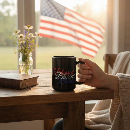 Ceramic Black Mug -  11oz - 15oz - Blessed Red White & Blue Print - American Flag Colors - Ideal for Veterans Day and Independence Day