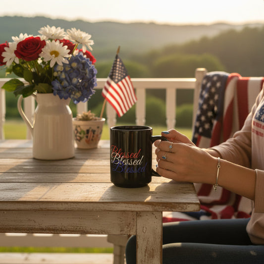 Person holding a mug with 'Blessed' text on a wooden table with flowers and an American flag in the background.