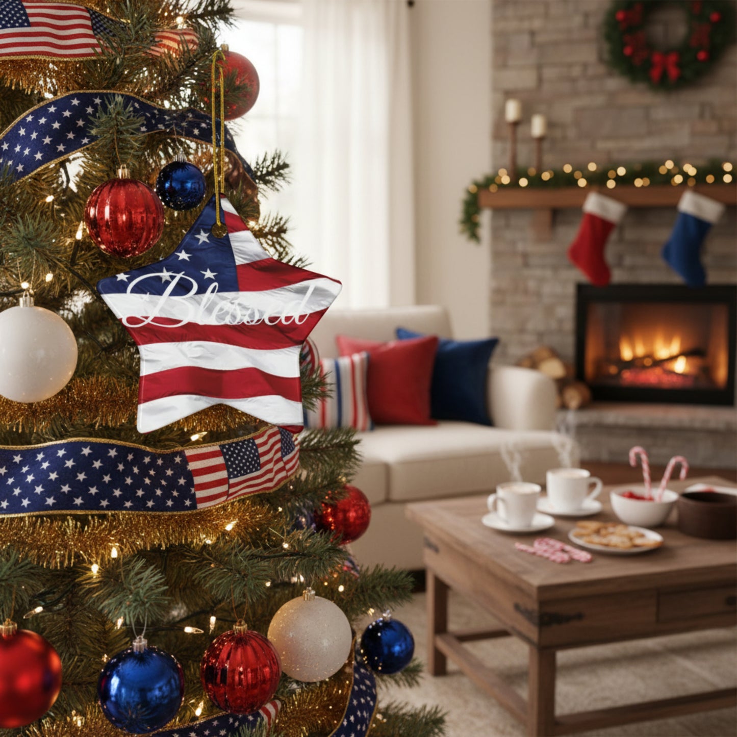 Ceramic Ornaments - White Blessed Print - American Flag Backdrop - Red White & Blue Design (1-10pcs)