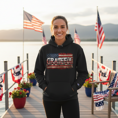 Champion Hoodie - Grateful Vintage American Flag Design - Red White Blue Backdrop - S - 3XL