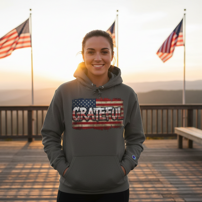 Champion Hoodie - Grateful Vintage American Flag Design - Red White Blue Backdrop - S - 3XL