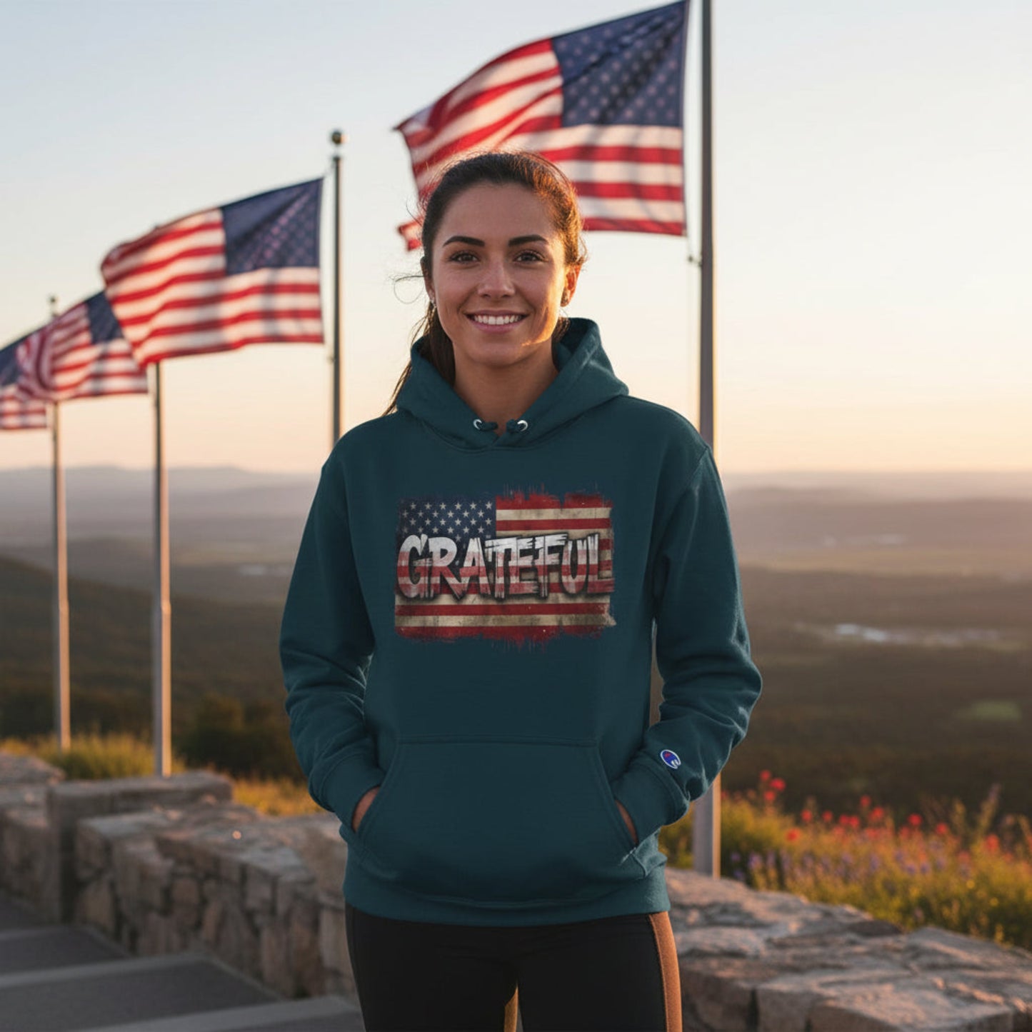 Woman wearing a hoodie with 'Grateful' design in front of American flags