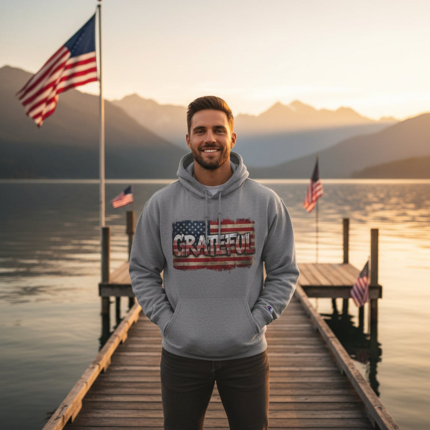 Man wearing a hoodie with an American flag design standing on a dock with mountains and flags in the background.