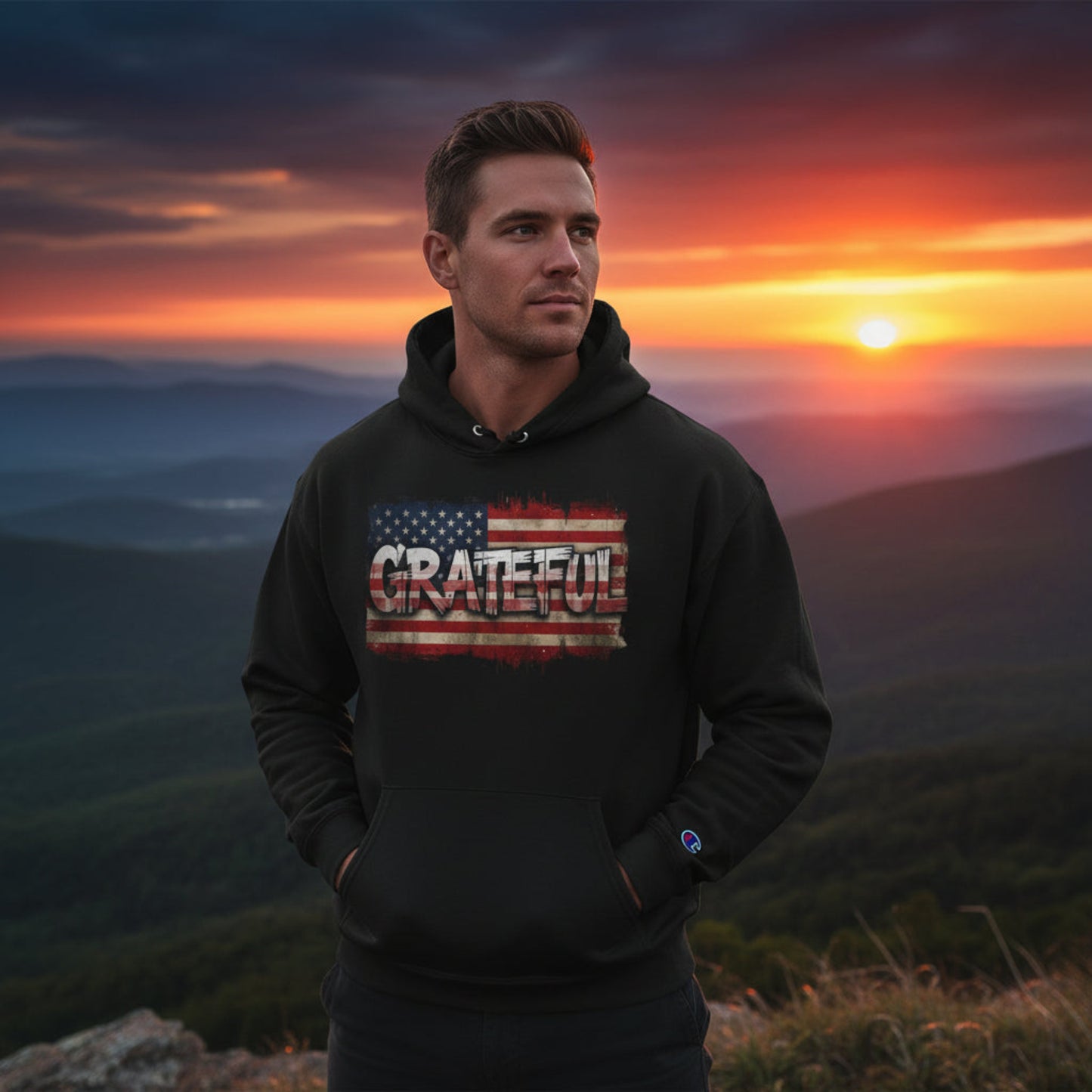 Man wearing a hoodie with 'GRATEFUL' text at sunset with mountains in the background