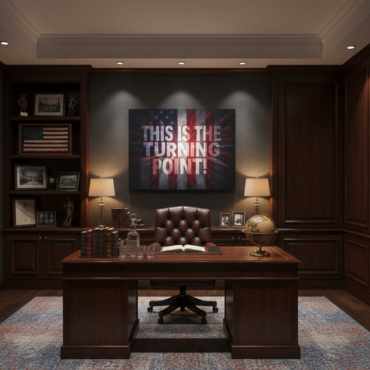 Dark office interior with a desk, bookshelf, and canvas wall art with an American flag backdrop with the text This Is The Turning Point! on the wall.