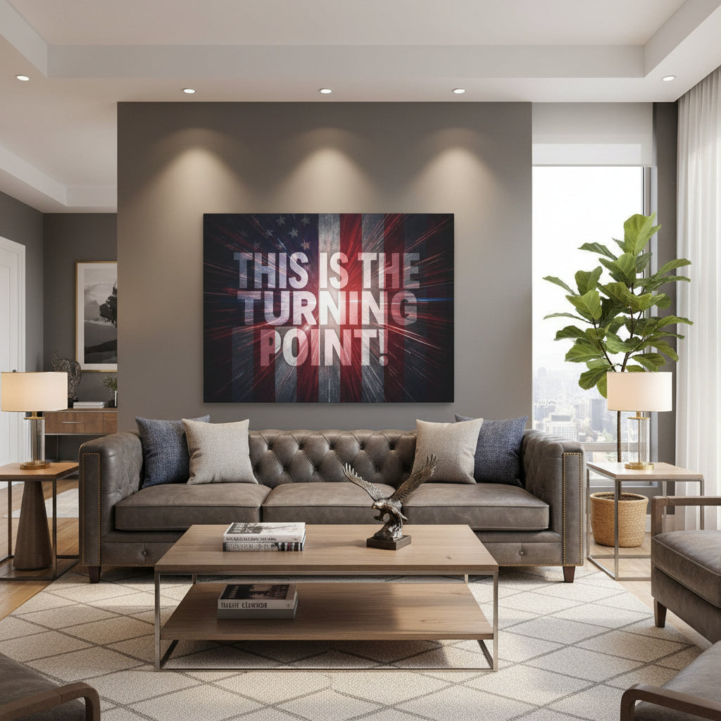 Modern living room with a gray sofa, wooden coffee table, and motivational canvas wall art that says This Is The Turning Point! on the wall.