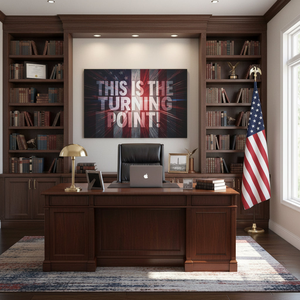 Home office with hanging canvas wall art that says This Is The Turning Point!, a wooden desk, bookshelves, and an American flag. 