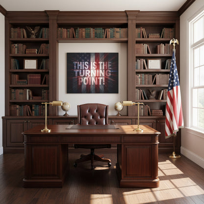 A wooden office desk with bookshelves, an American flag, and motivational canvas wall art that reads, This Is The Turning Point! in an office room.