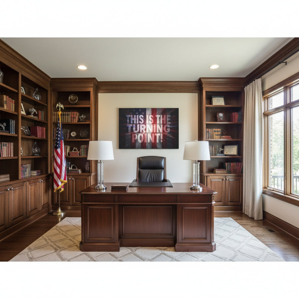 Wooden office desk with bookshelves and a hanging motivational canvas wall art that says, "This Is The Turning Point!" in an office room.