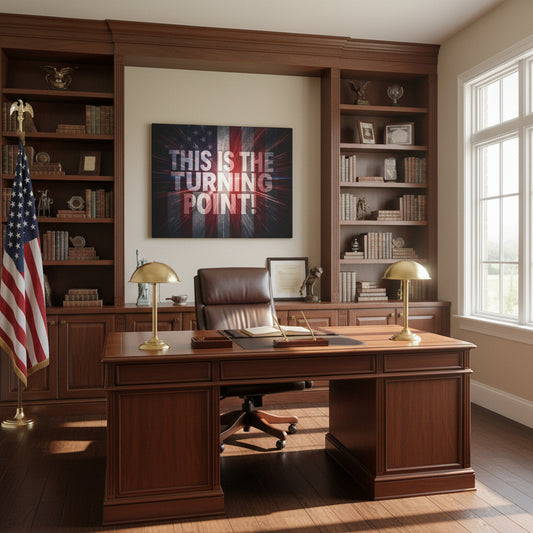 This Is The Turning Point An American flag backdrop canvas wall art hanging above a wooden office desk with bookshelves and an American flag in a room with a large window.